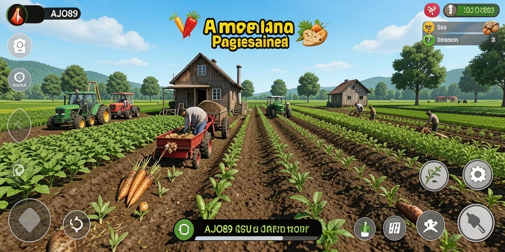Tampilan gameplay AJO89 yang menampilkan pertanian yang interaktif dan menarik.