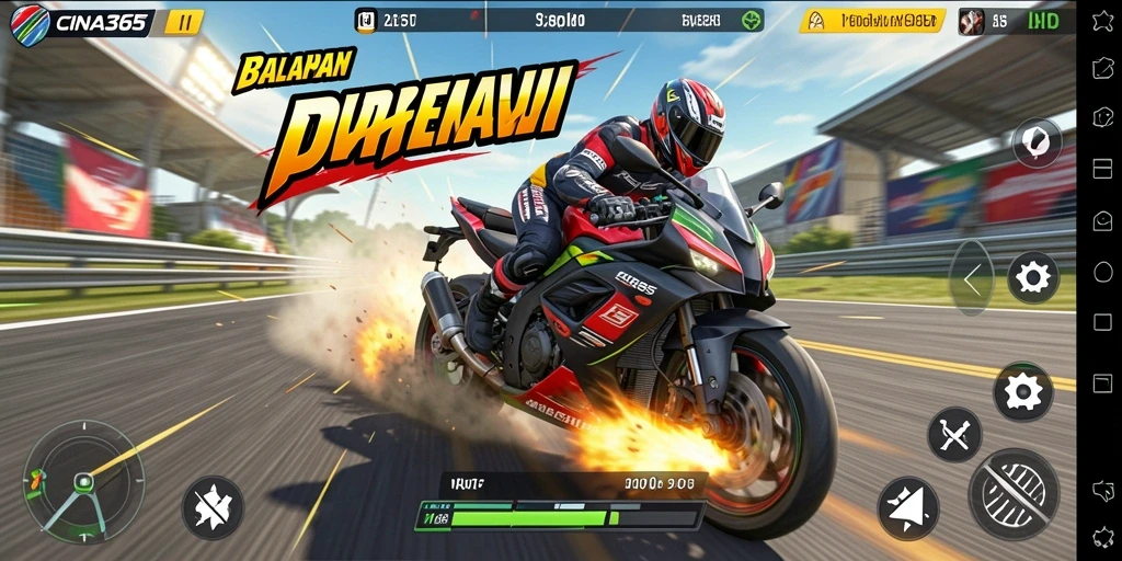 Screenshot gameplay CINA365 menampilkan aksi balapan motor yang seru.