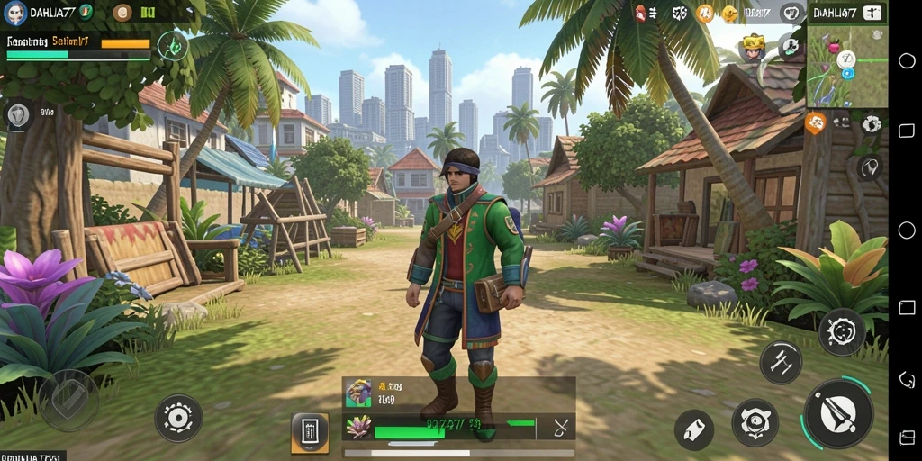 Tampilan gameplay simulasi DAHLIA77 dengan karakter yang berinteraksi.